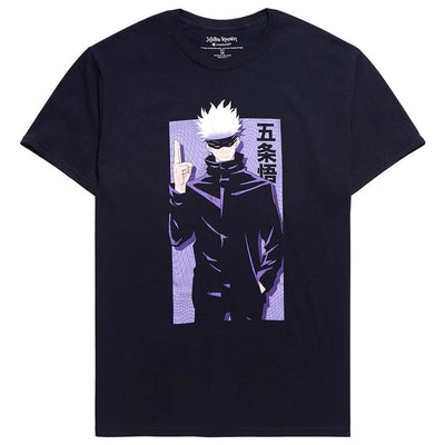 Stylish black t-shirt featuring a graphic of a character with white hair and sunglasses, perfect for anime fans and casual wear.